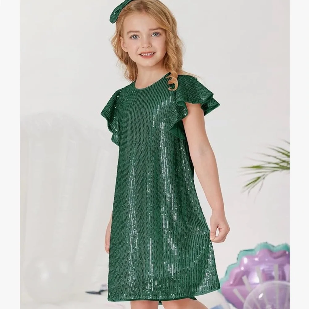 GRACE KARIN Girls Sequin Dress Short Flutter Sleeve Flare Silhouette Mini 7Y - Picture 3 of 7